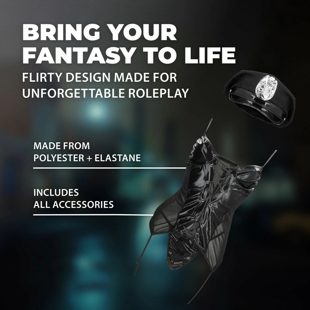 Obsessive Police Kostium S/M czarny z czapką wetlook damski